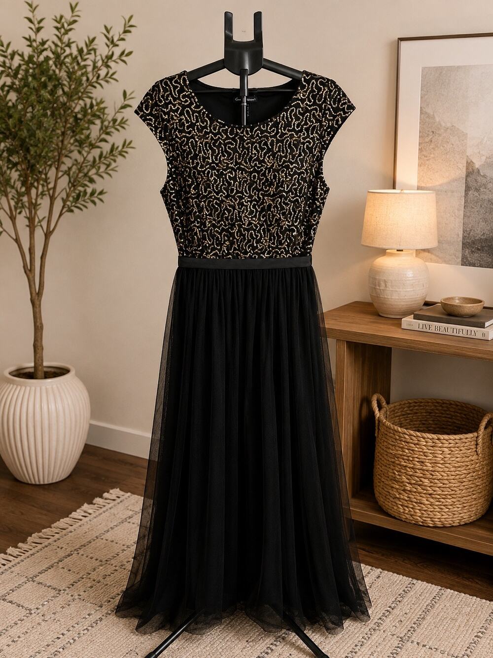 Candalite Women’s 3X Black Gold Sequin Lace Formal Maxi Evening Dress Plus Size